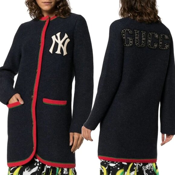 GUCCI CARDIGAN LONG SWEATER NY YANKEES LOGO PATCH WOOL ALPACA sz S SMALL - Picture 3 of 16